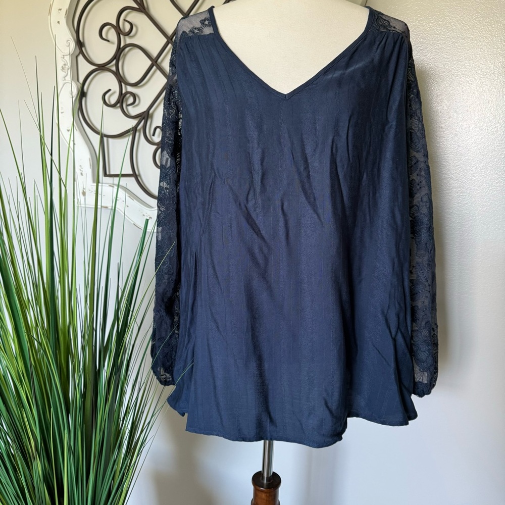 LANE BRYANT Size 18/20 Blue Blouse Top with Lace Long Sleeves